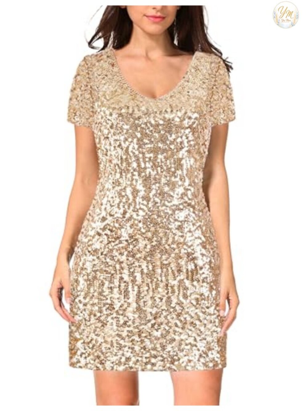 Sequin Glitter Short Sleeve V Neck Mini Party Club Bodycon Dress